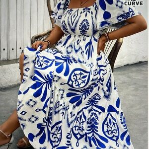 SHEIN Blue and White Flutter Sleeve Sundress